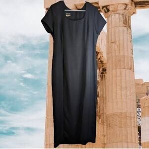 Byer Studio 14 vintage black short sleeve, midi, front slit dress. Fall, office